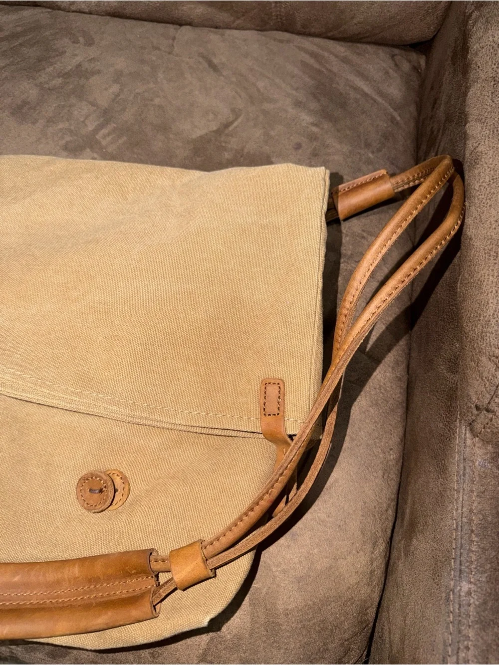 Leather and Canvas Unisex Crossbody Messenger in Light Tan